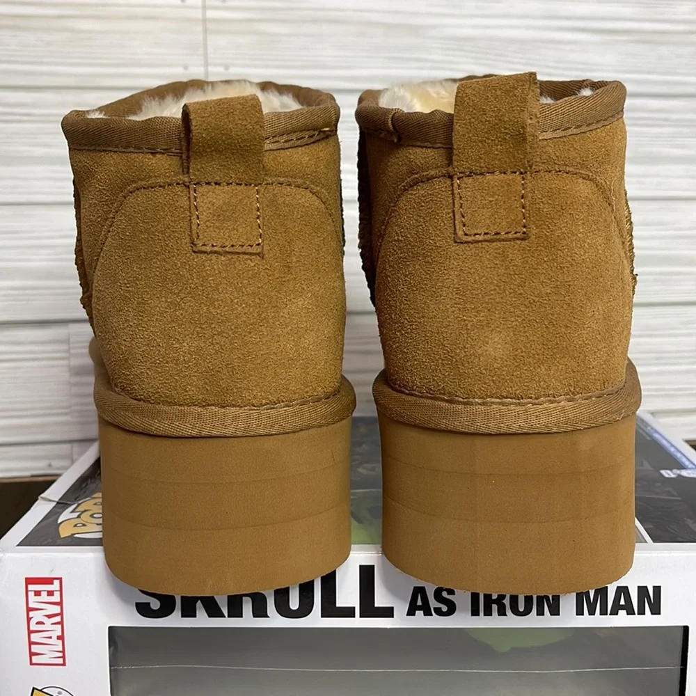 Brown Platform Mini Boot Short Ankle Fur Fleece Ultra Platform Anti-Slip…